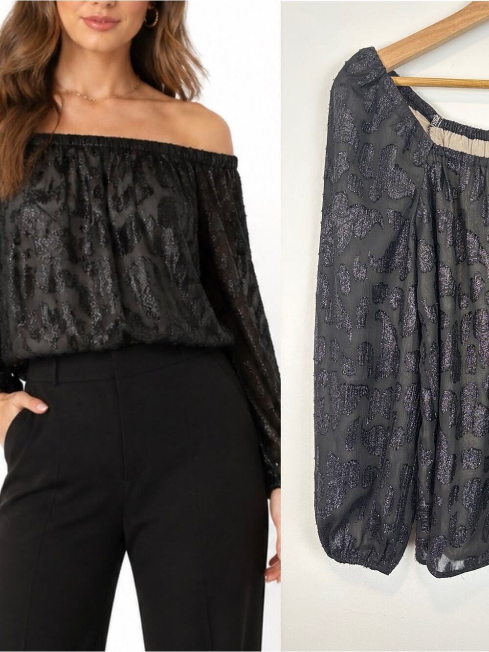 Ann Taylor Black Sheer Metallic Blouse Women’s Small Peasant Shimmer Animal NYE